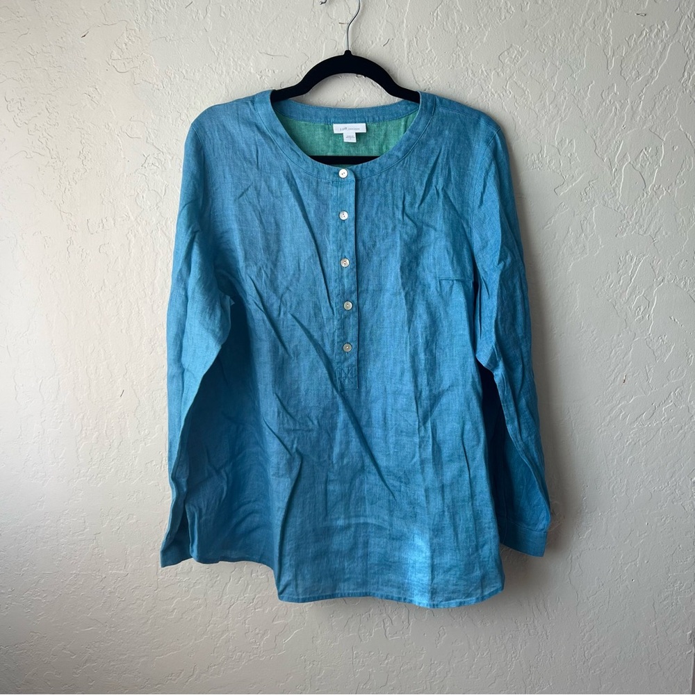 J. Jill Love Linen Tunic Henley Shirt Chambray Coastal Beach Resortwear